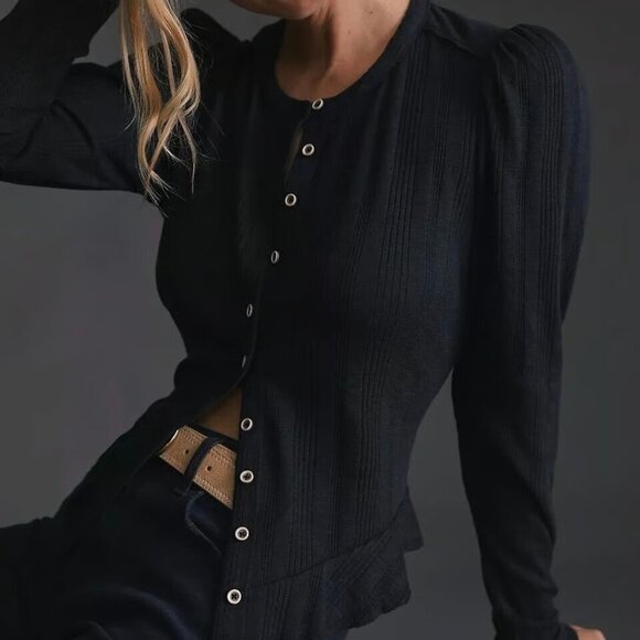 Anthropologie Pilcro Puff Sleeve Black Ribbed Button Down Cardigan Womens Size L - Picture 1 of 11